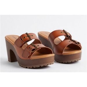 Torrid Cognac Platform Wooden Buckle Heel Clogs Sandals Size 10.5WW